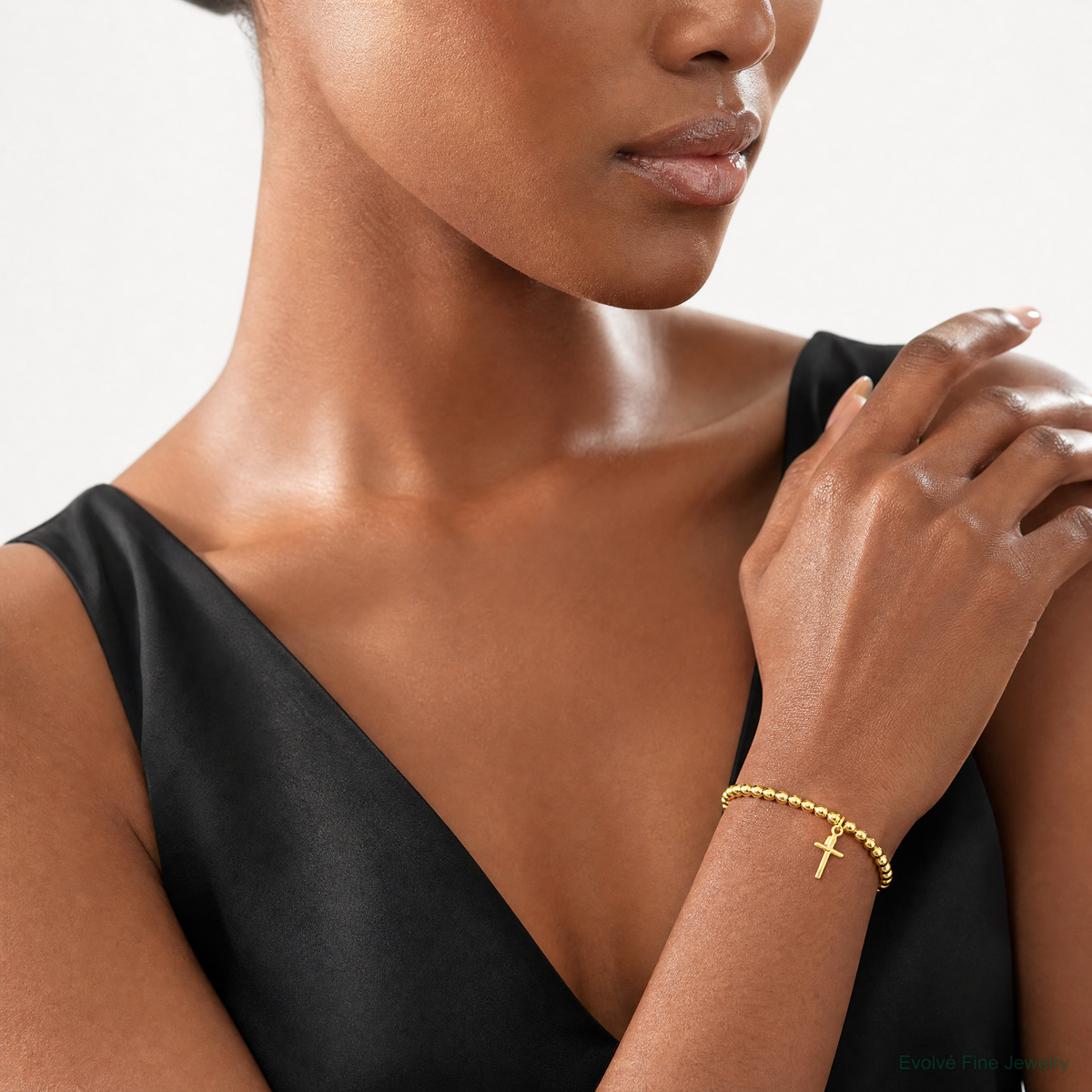 Leslie's Sterling Silver Gold-tone Pol. Cross Beaded Stretch Bracelet - Model Shot