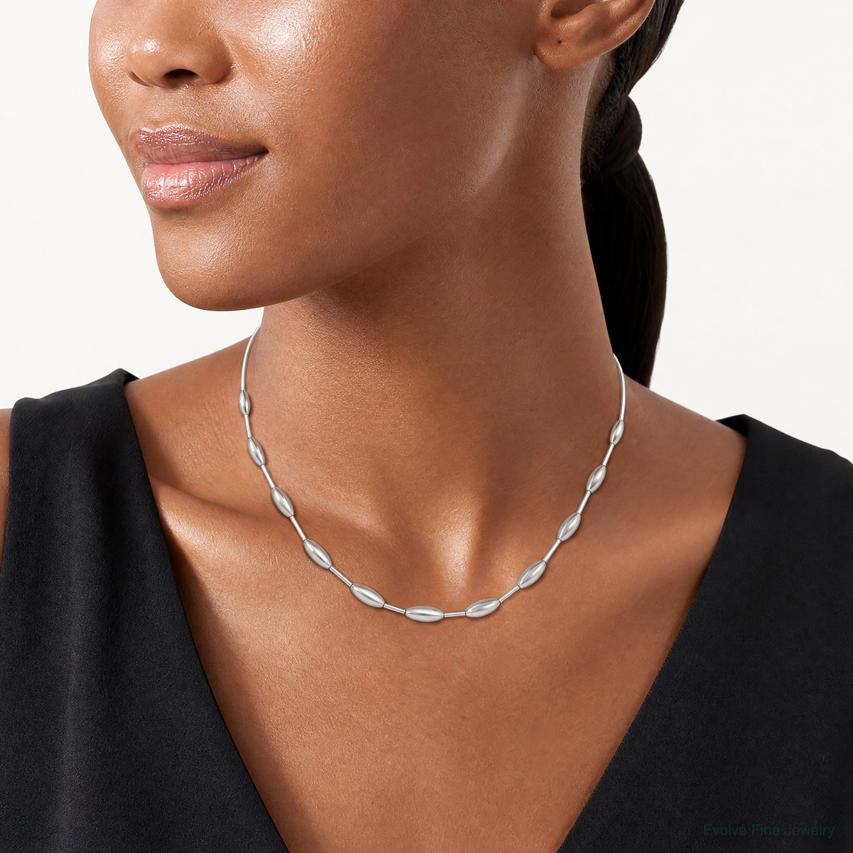 Leslie's Sterling Silver RH-plat Polish Oval Beaded w/2in ext. Necklace - Model Shot