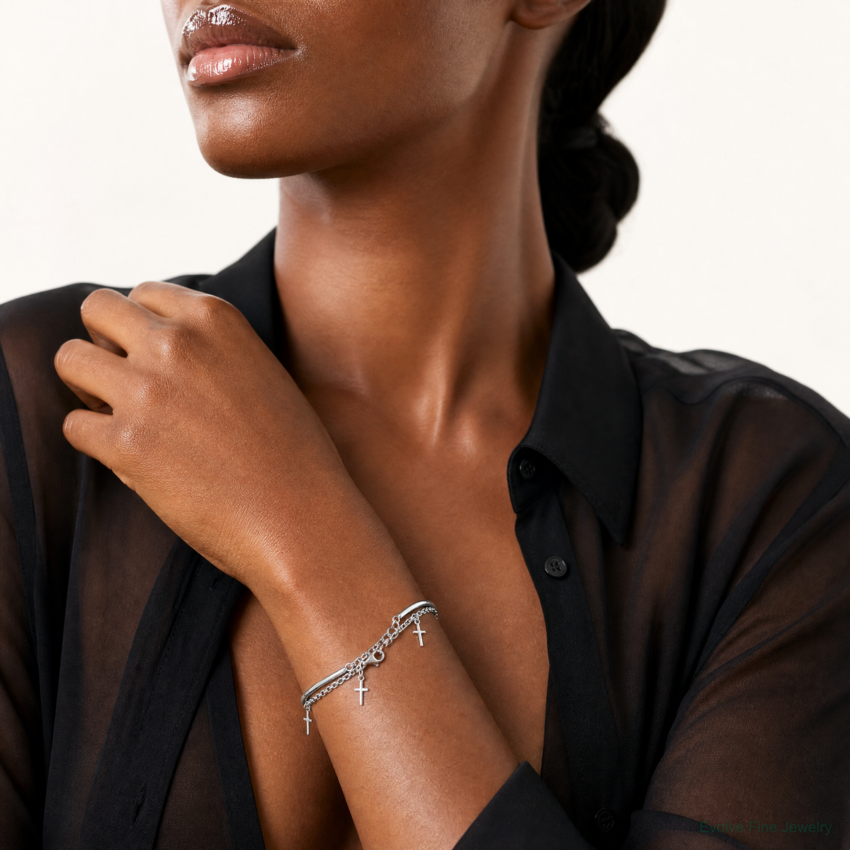 Leslie's Sterling Silver RH-plt Polished Crosses w/2in ext. Wrap Bracelet - Model Shot