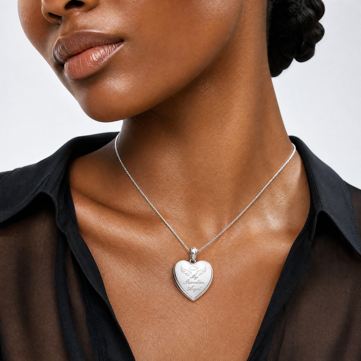 Sterling Silver Rhodium-plated Guardian Angel Ash Holder Heart Locket - Model Shot