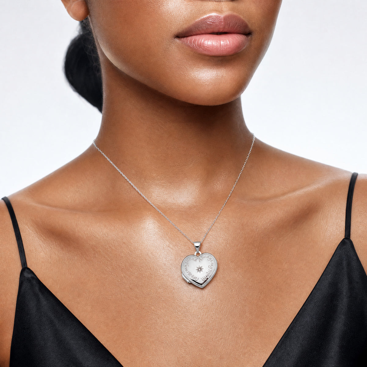 SS Rhod-plated Polished Diamond 18mm Always My Mom Heart Locket - Model Shot