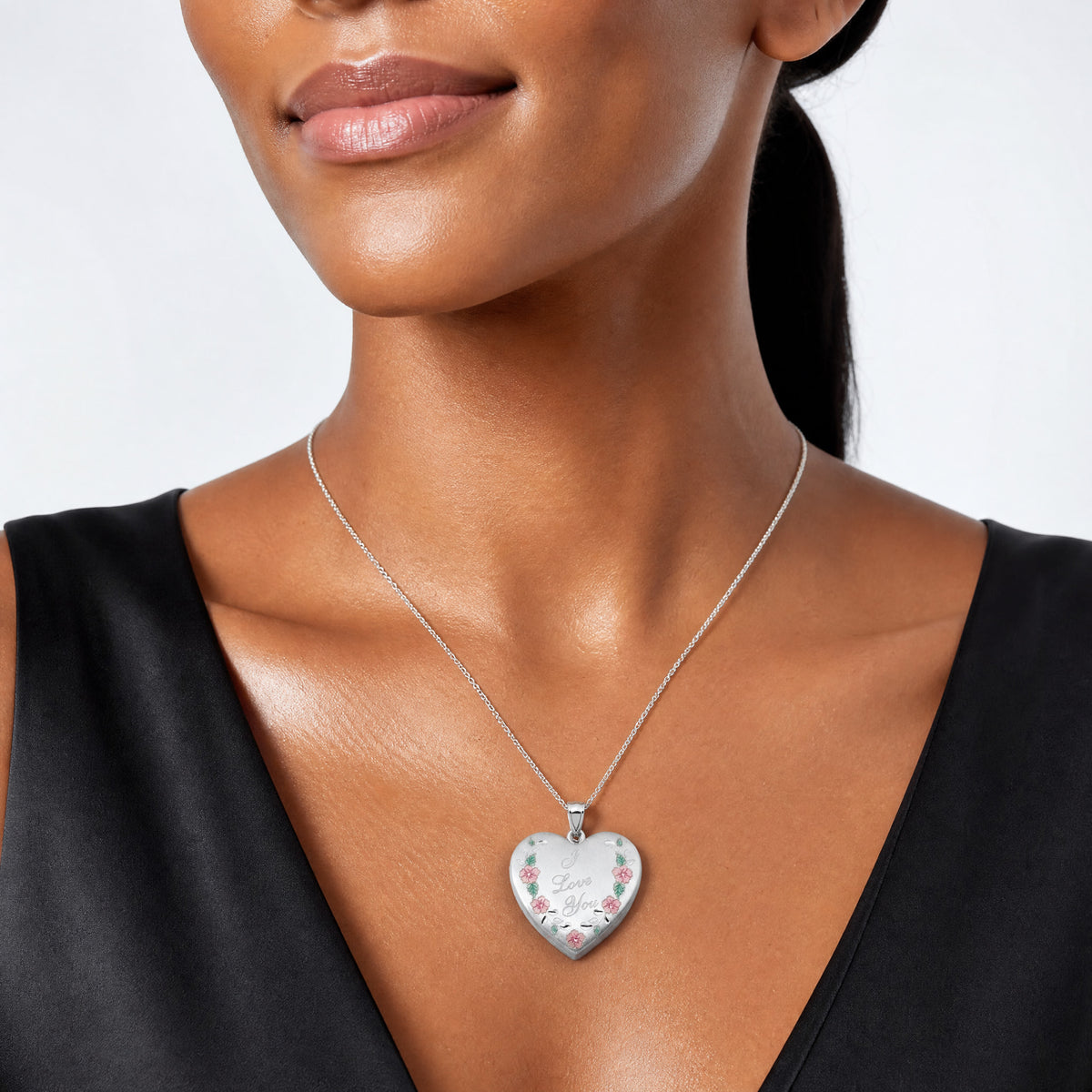 Sterling Silver Rh-plated Satin Epoxy I Love You Floral 24mm Heart Locket - Model Shot