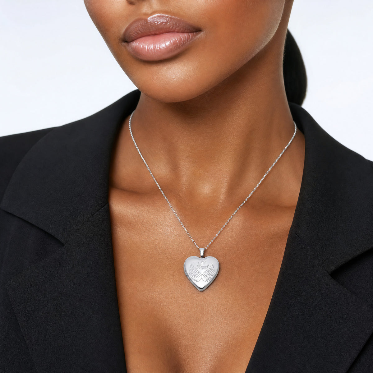 Sterling Silver Rhodium-plated MY ANGEL Angel Wings 20mm Heart Locket - Model Shot