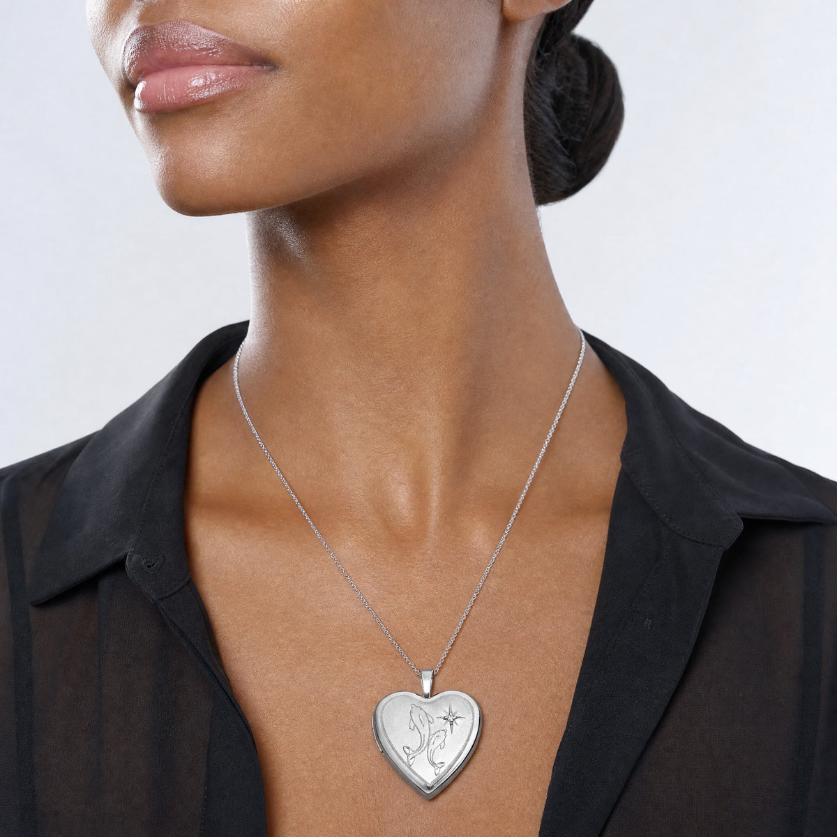 Sterling Silver RH-pl Brushed Diamond And Dolphins 20mm Heart Locket - Model Shot