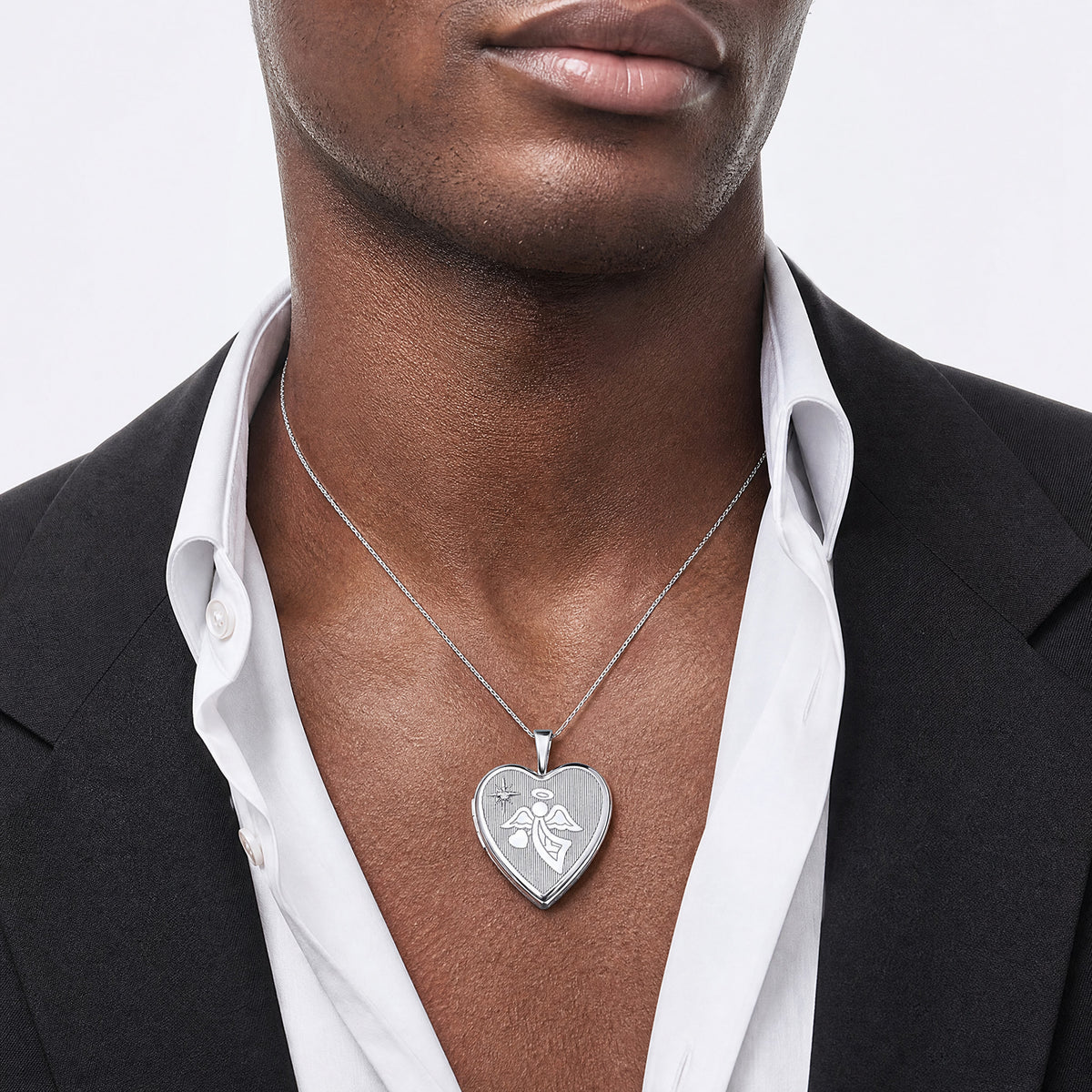 SS RH-pl Brushed And Polished Diamond And Angel 20mm Heart Locket - Model Shot
