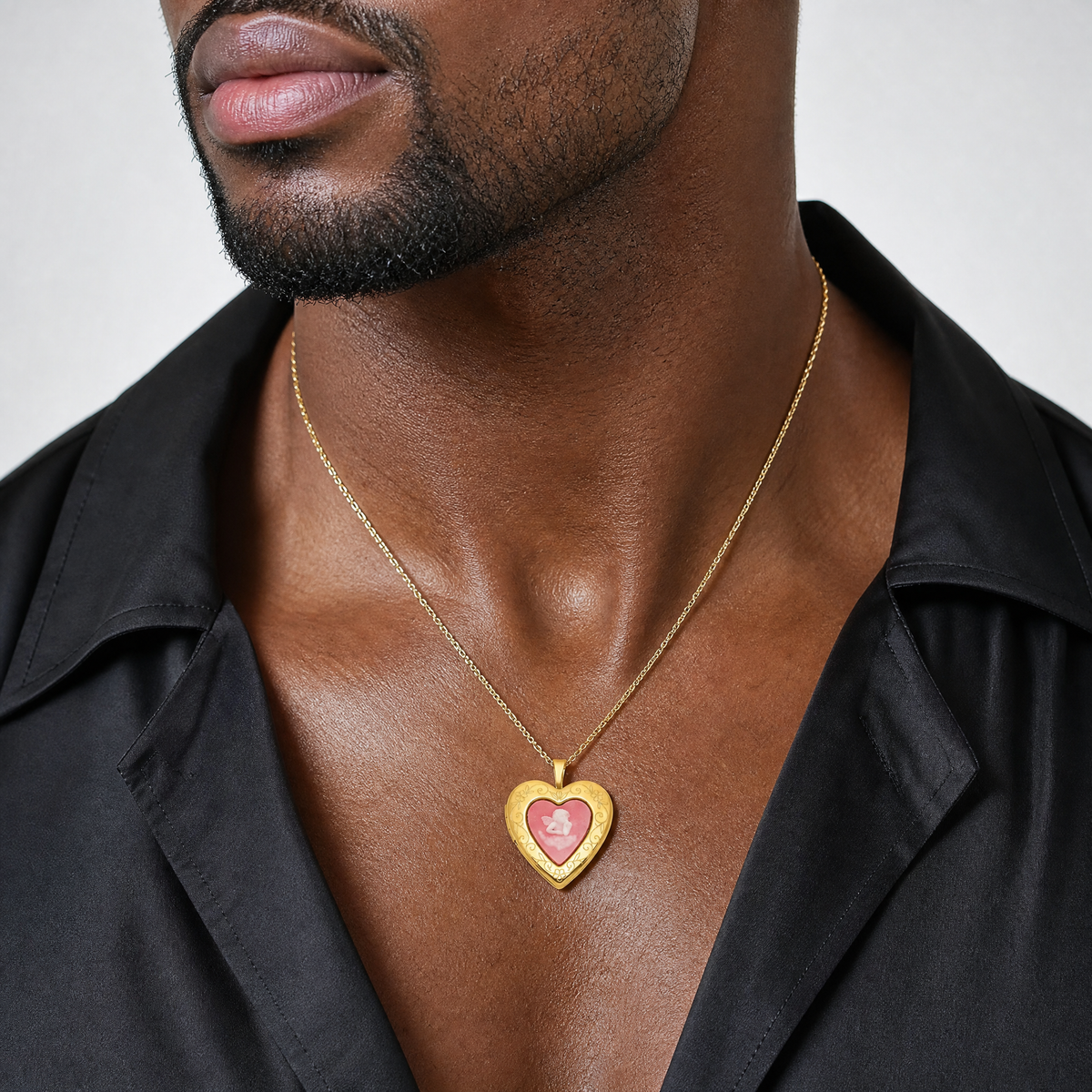 SS Gold-plated Brushed / Polished Pink Angel Resin Cameo 20mm Heart Locket - Model Shot