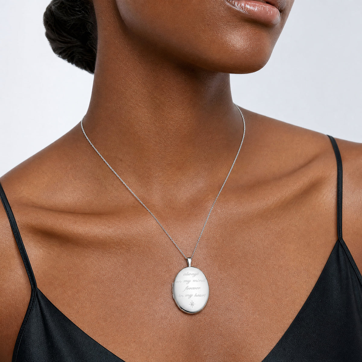SS RH-pl Brushed And Polished ALWAYS ON MY MIND... 26mm Oval Locket - Model Shot