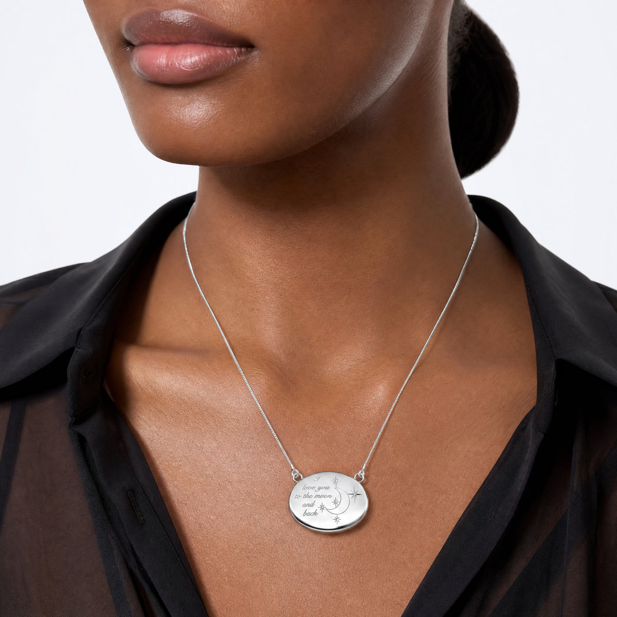 SS RH-pl 20mm Oval Love You To The Moon.. Locket w/2 in ext. Necklace - Model Shot