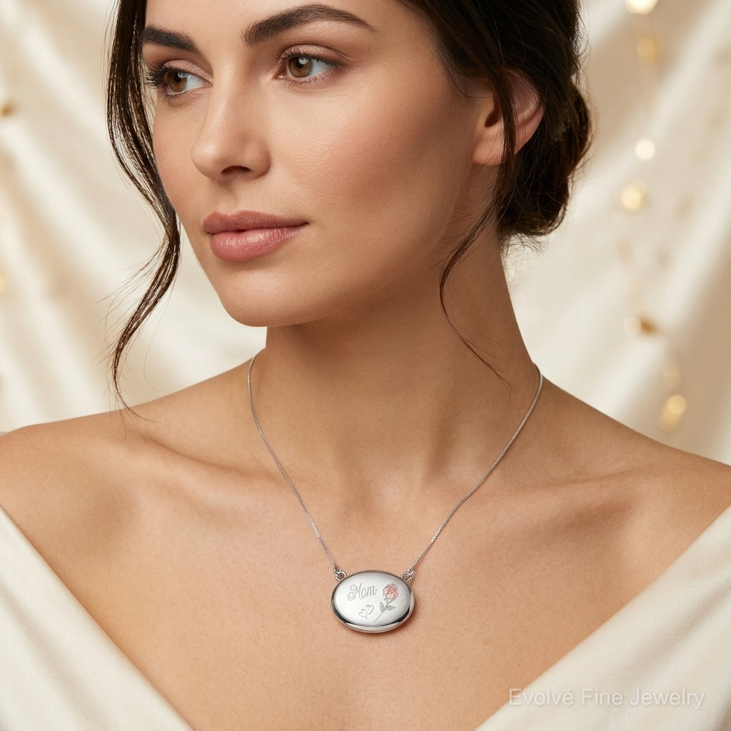 SS RH-pl 20mm Oval Mom Epoxy Flower Locket w/2 in ext. Necklace - Model Shot