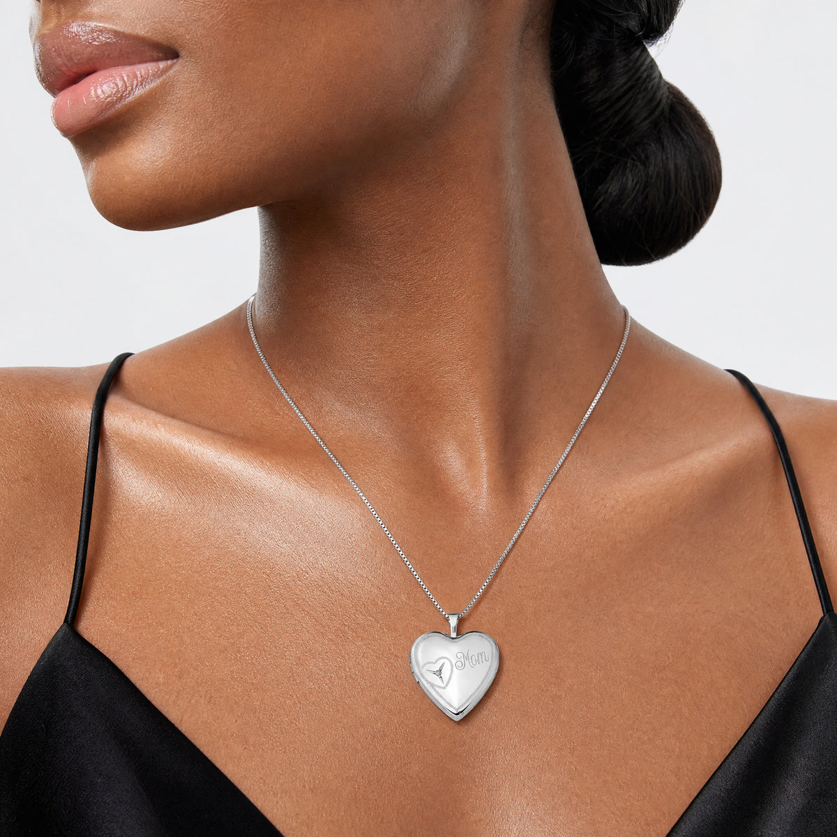 Sterling Silver Rhodium-plated 20mm Mom Diamond Heart Locket Necklace - Model Shot