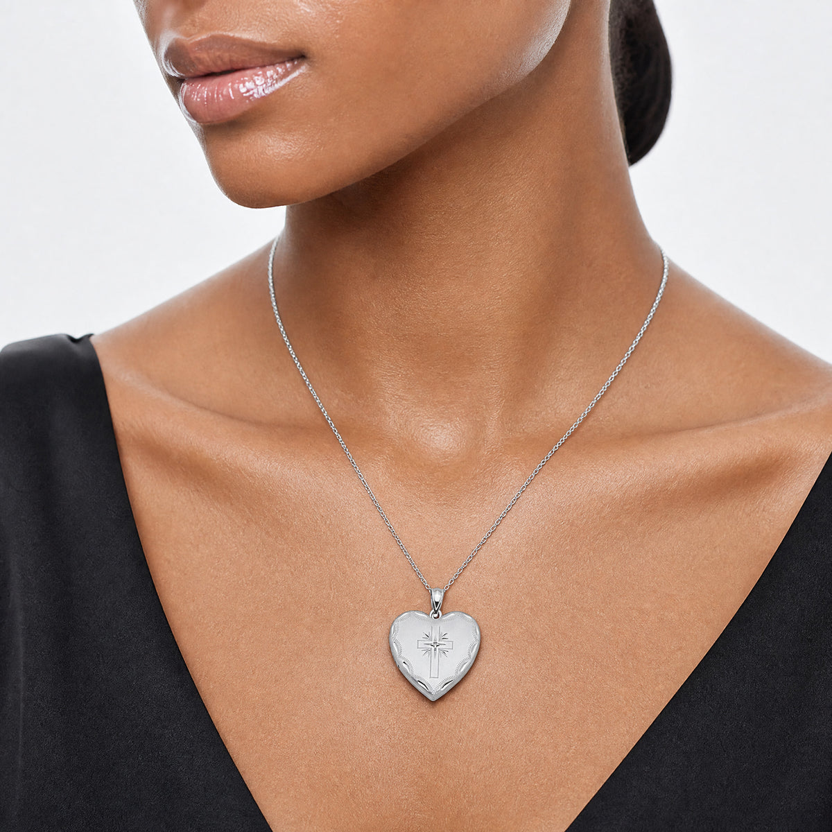 Sterling Silver RH-plated 24mm Satin & D/C w/ Diamond Cross Heart Locket - Model Shot