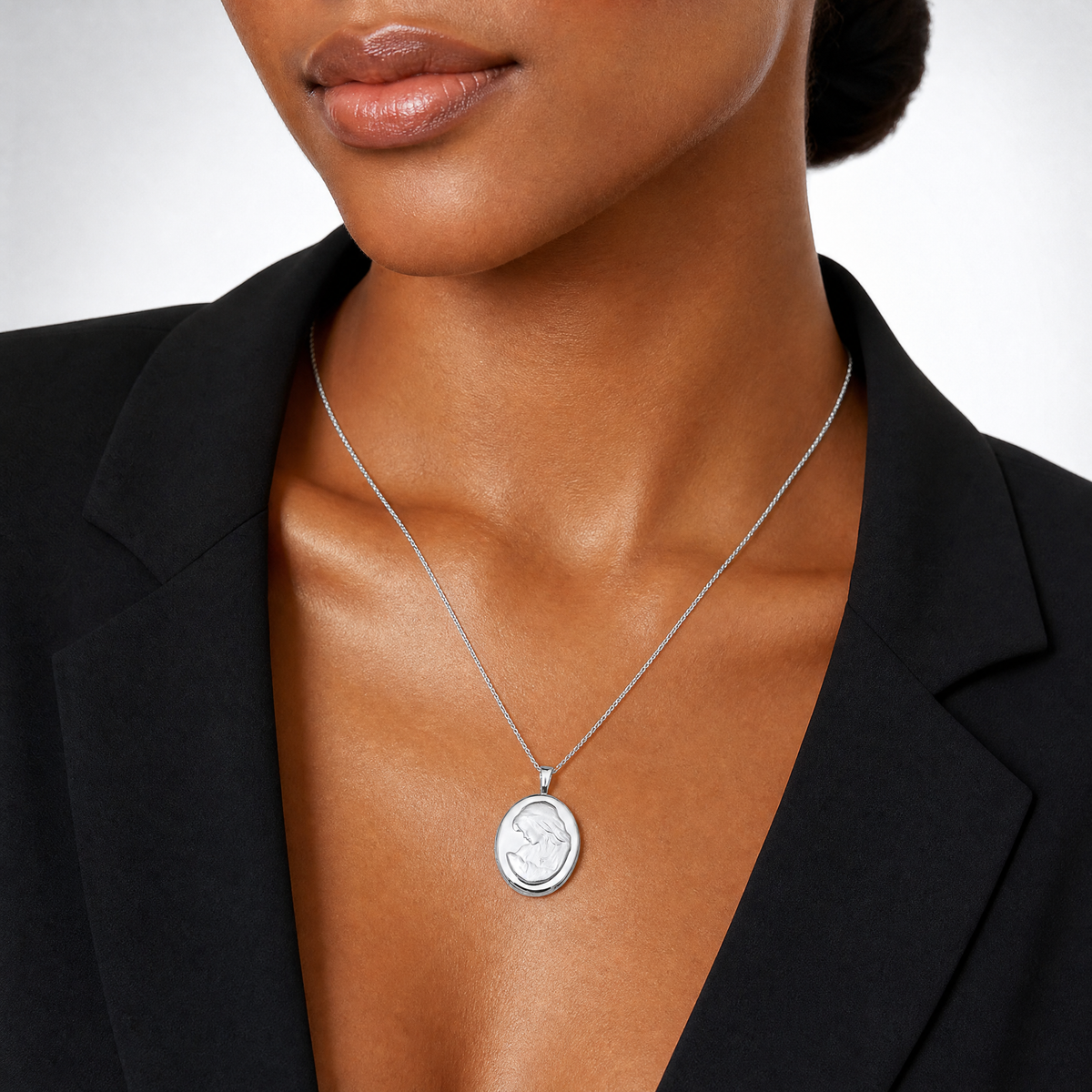 Sterling Silver Rhodium-plated 26mm Mother and Baby Oval Locket - Model Shot