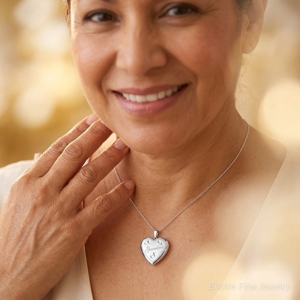 Sterling Silver Rhodium-plated 20mm D/C Grandma Heart Locket - Model Shot