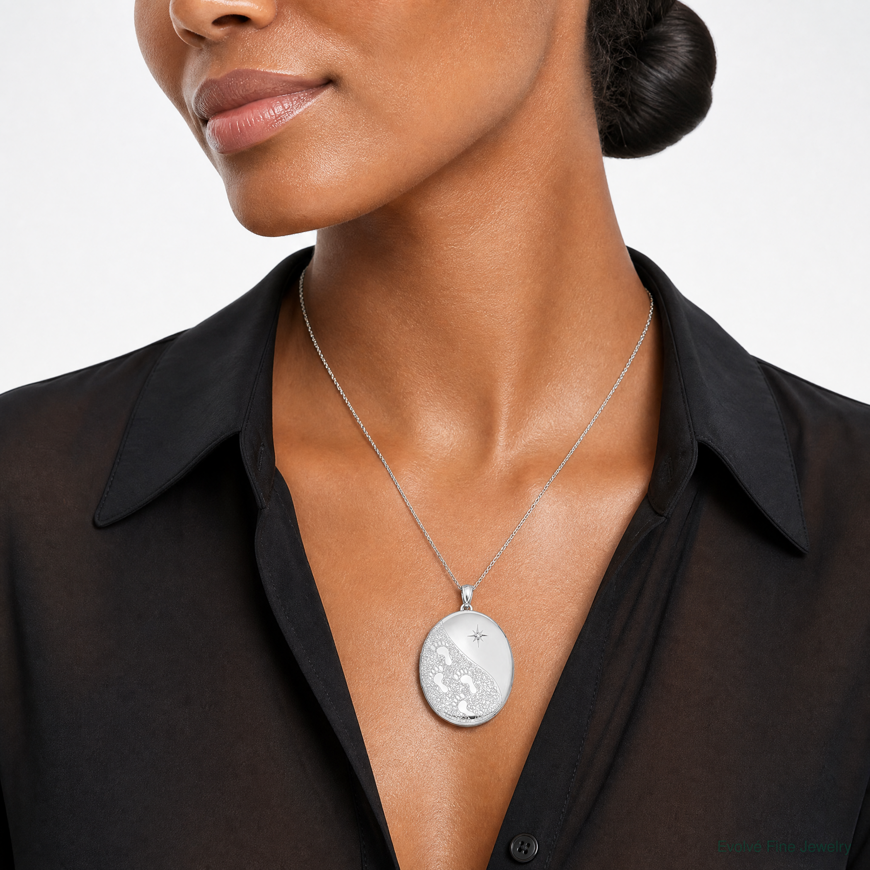 Sterling Silver Rhodium-plated & Diamond Footprints 34mm Oval Locket - Model Shot
