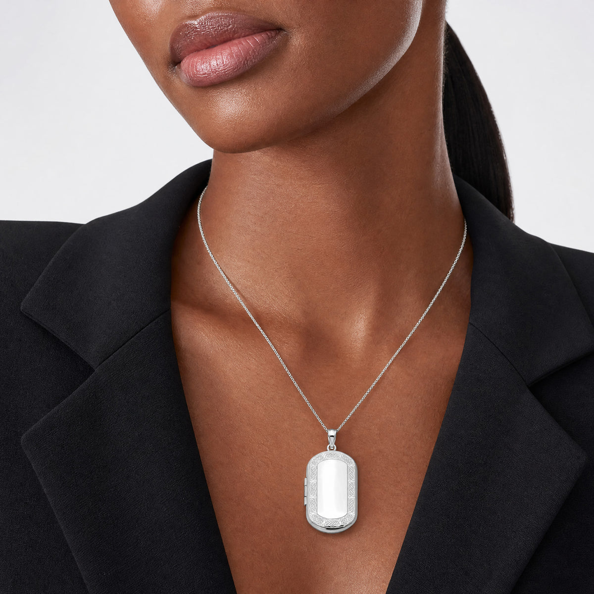 Sterling Silver Rhodium-plated Celtic Border Rectangular Locket - Model Shot