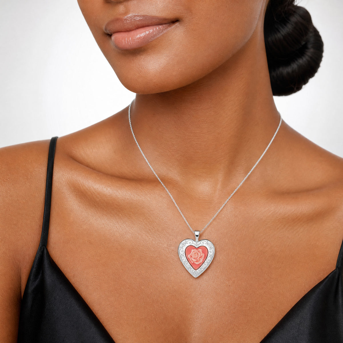Sterling Silver Rhod-pltd 20mm Pink Resin Rose Cameo Heart Locket - Model Shot