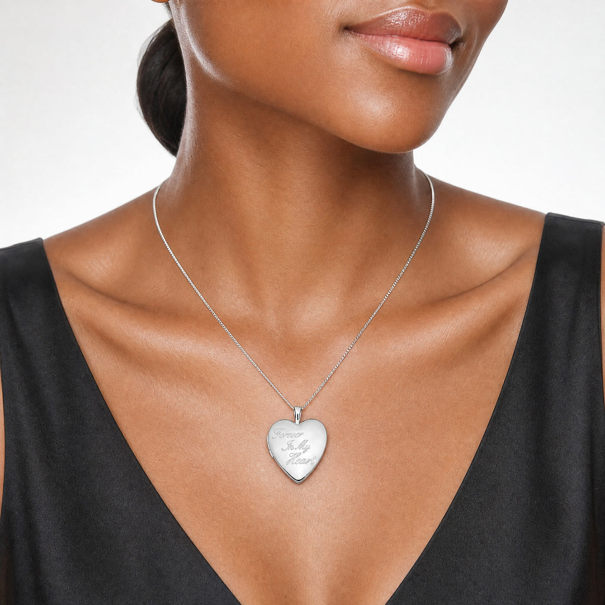 Sterling Silver Rhod-pltd 20mm FOREVER IN MY HEART Heart Locket - Model Shot