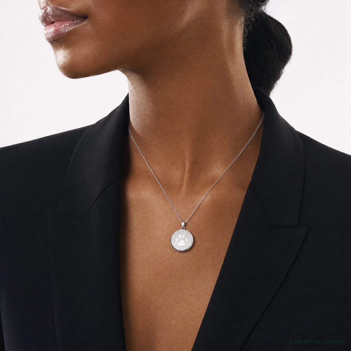 Sterling Silver Rhodium 20mm Grooved & Polished Pawprint Round Locket - Model Shot