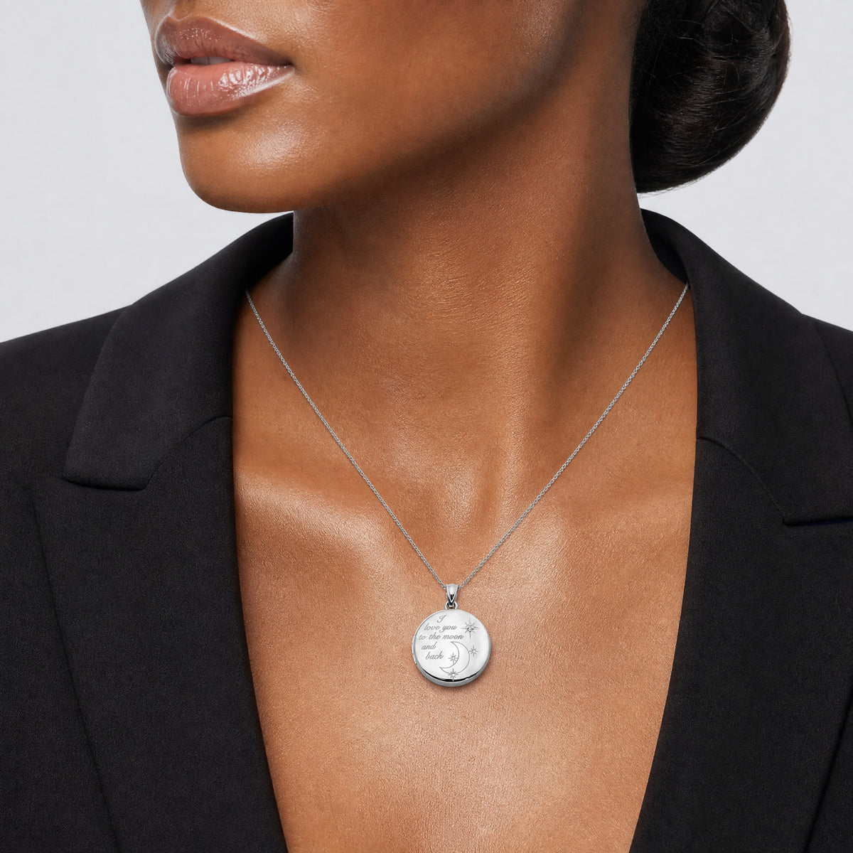Sterling Silver Rh-pltd 20mm Diamond LOVE TO THE MOON Round Locket - Model Shot