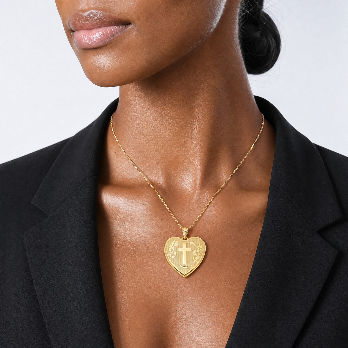 Sterling Silver Gold-tone Floral Cross Ash Holder Heart Locket - Model Shot