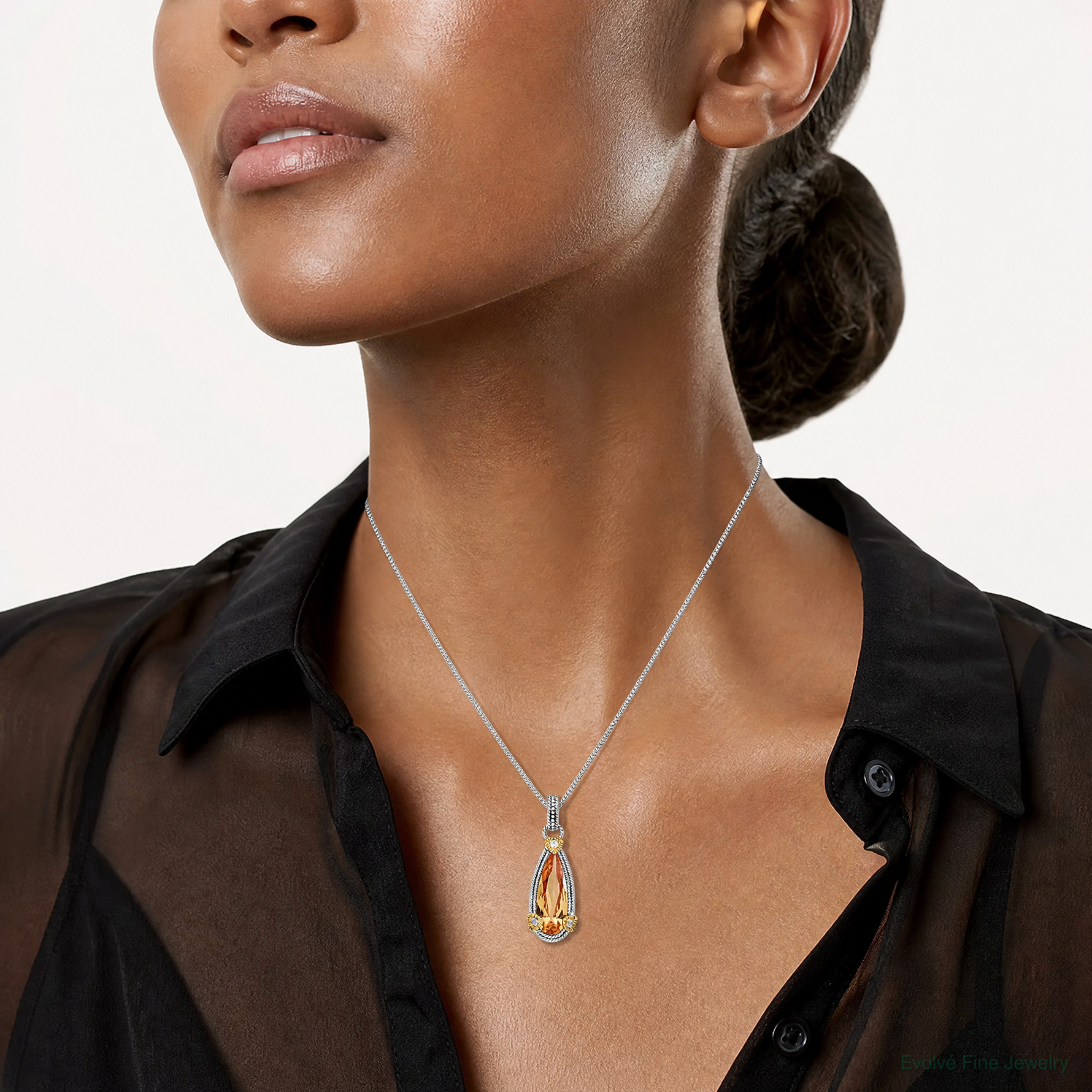 Sterling Silver & Vermeil Rhodium-plated Champagne CZ Pendant - Model Shot