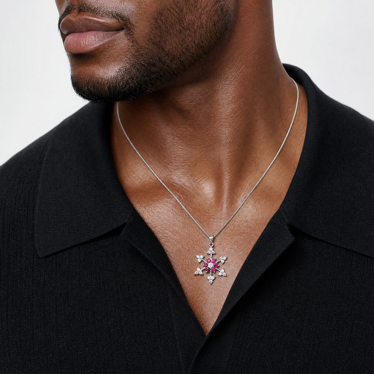 Sterling Silver Rhodium-plated Created Ruby and CZ Snowflake Charm - Model Shot