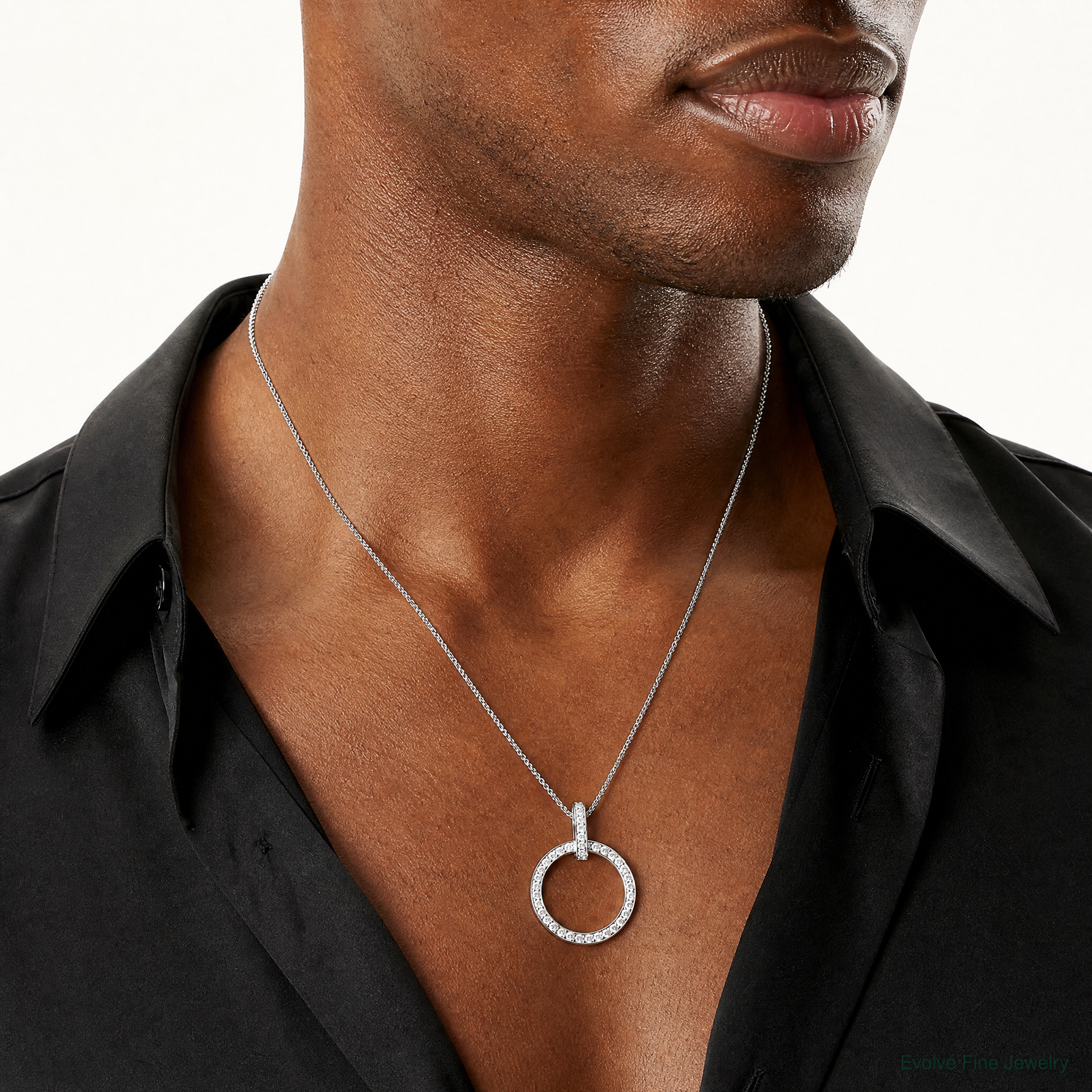 Sterling Silver Rhodium-plated CZ Circle Pendant - Model Shot