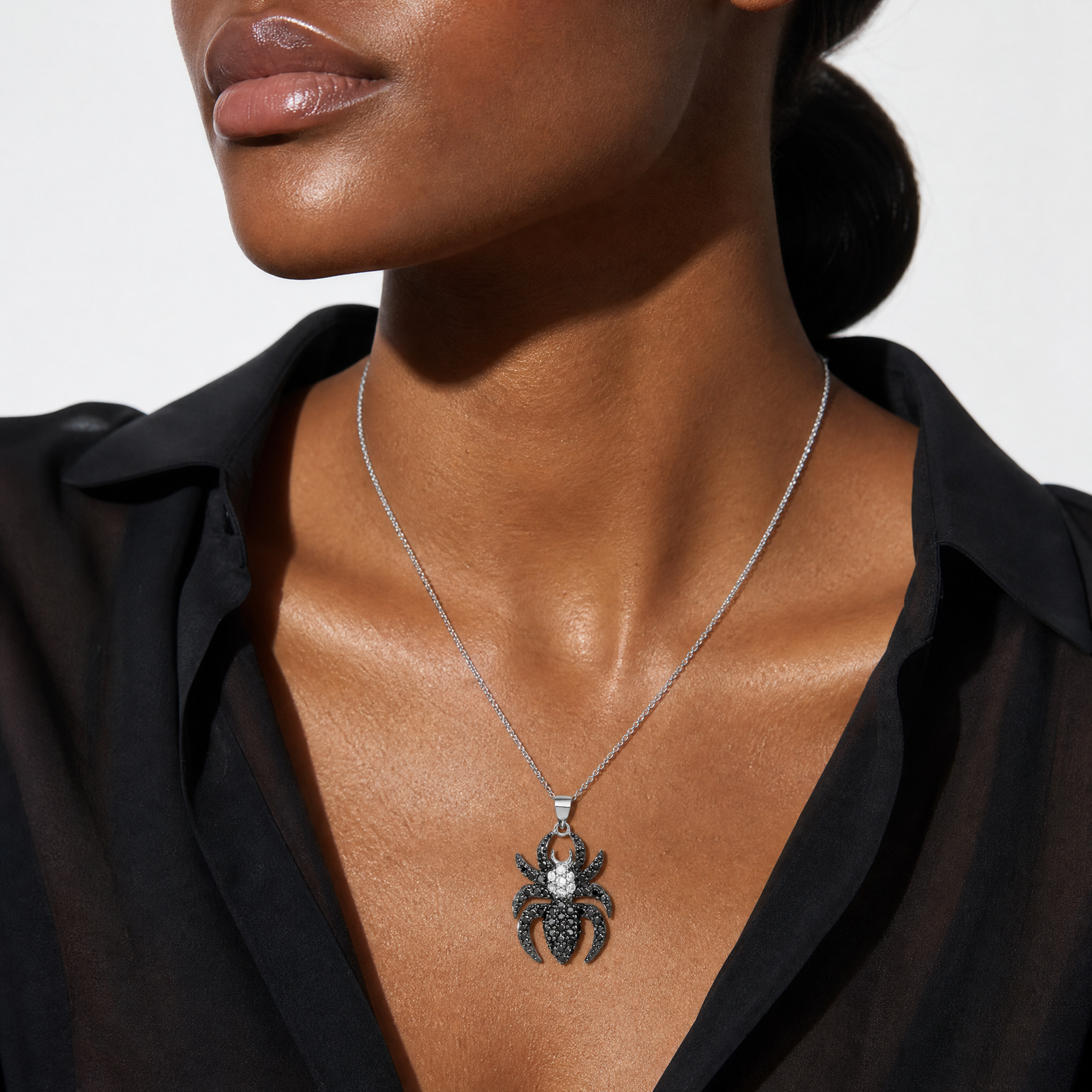 Sterling Silver Rhodium-plated Black and White CZ Spider Pendant - Model Shot