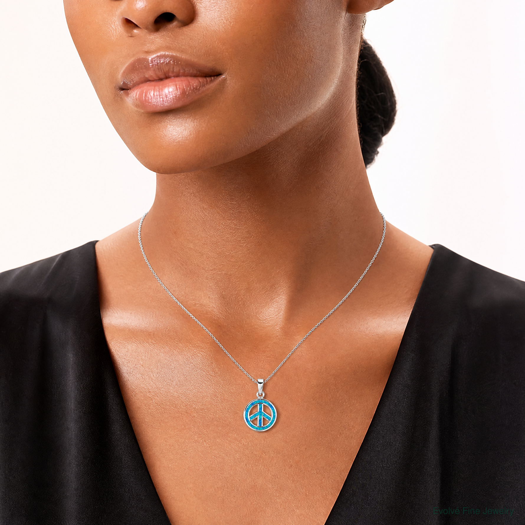 Sterling Silver Rhodium-plated Blue Inlay Created Opal Peace Sign Pendant - Model Shot