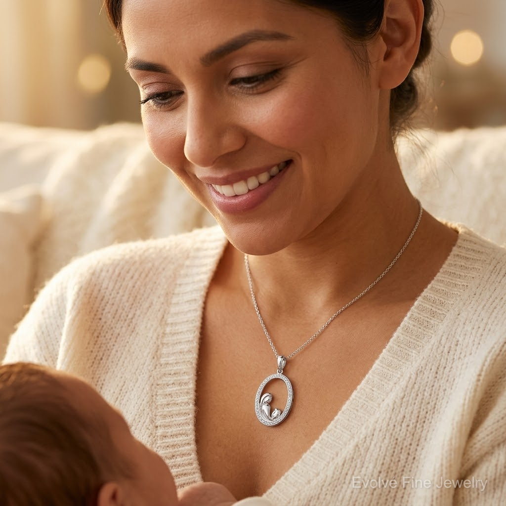 Sterling Silver Rhodium Plated Diamond Mother and Child Pendant - Model Shot