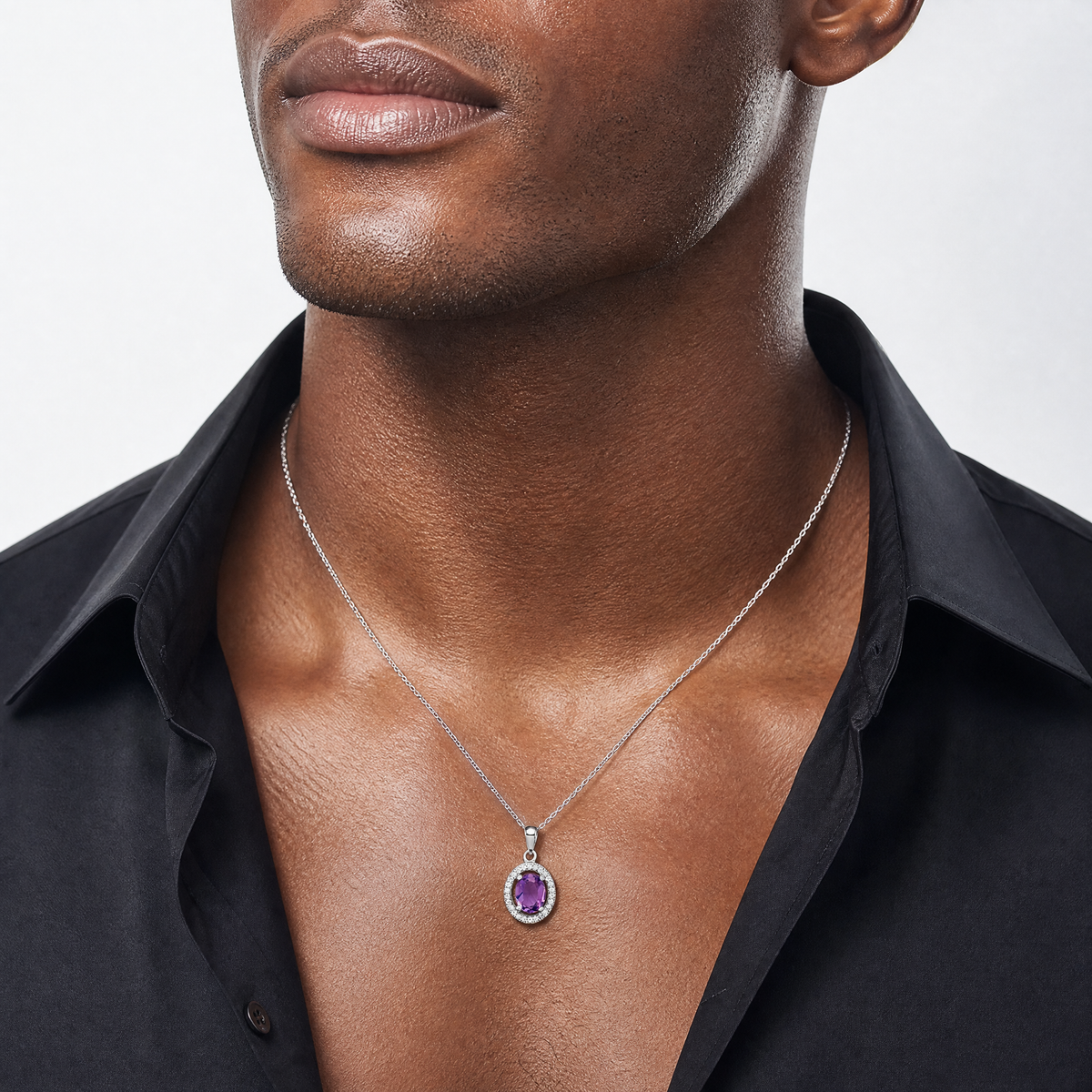 Sterling Silver Rhodium-plated Polished Amethyst and CZ Pendant - Model Shot
