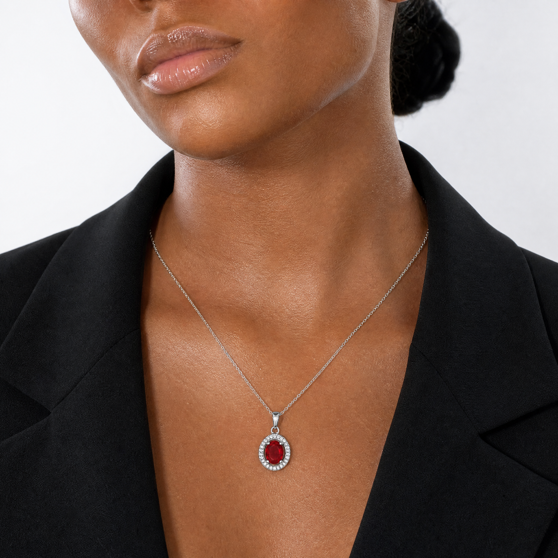 Sterling Silver Rhod-plated Red and White CZ Oval Pendant - Model Shot