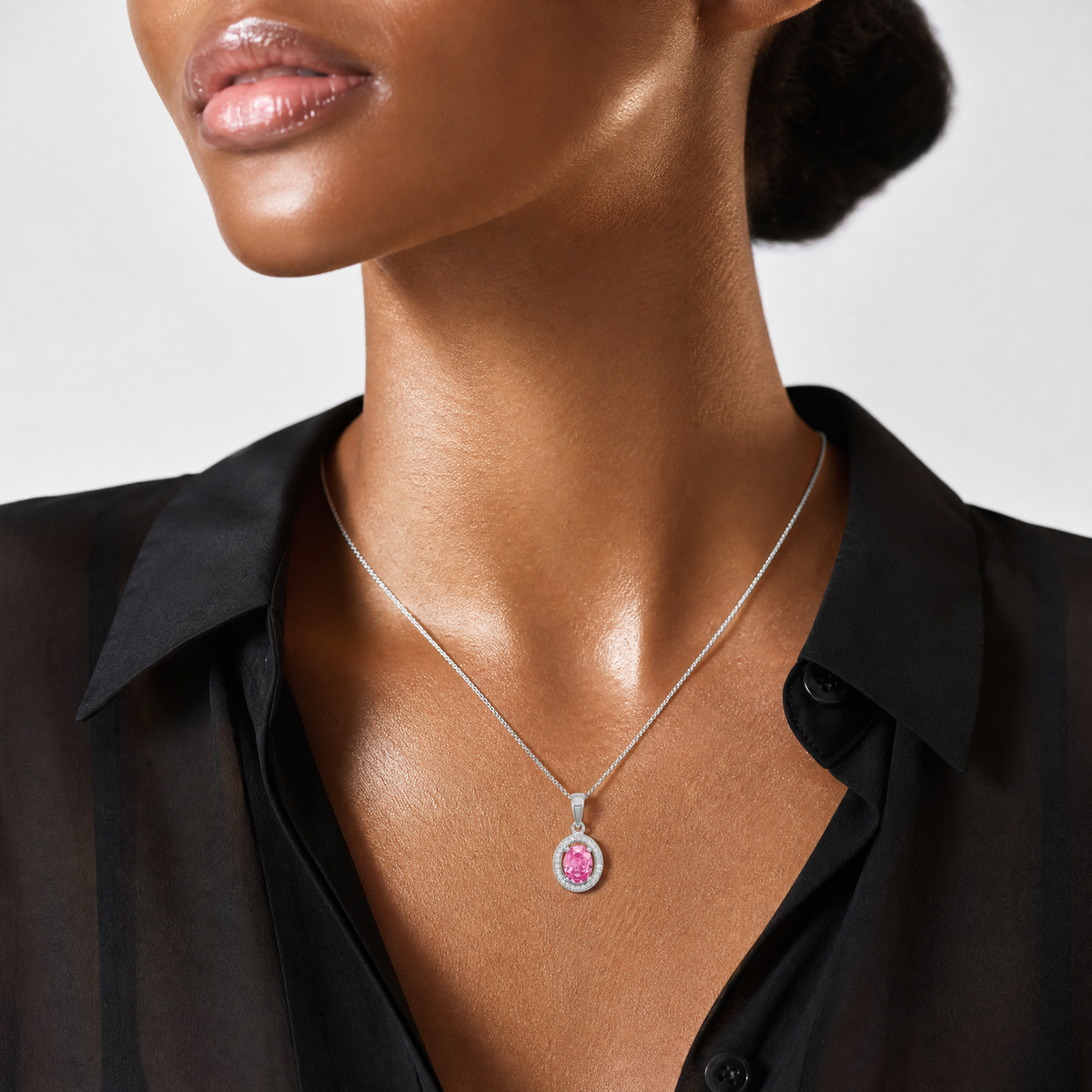 Sterling Silver Rhod-plated Pink and White CZ Oval Pendant - Model Shot