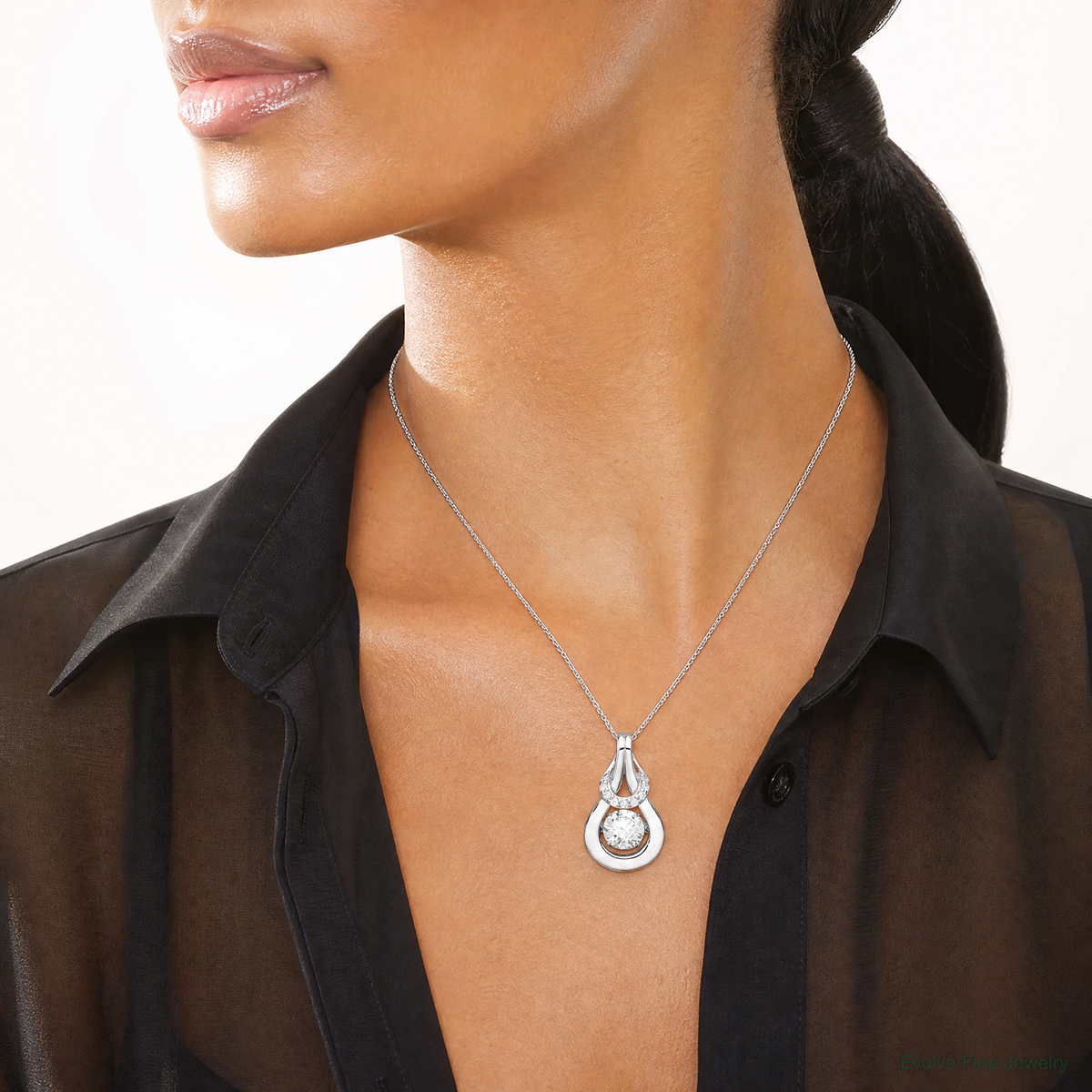 Sterling Silver Platinum-plated Vibrant CZ Knot Pendant - Model Shot