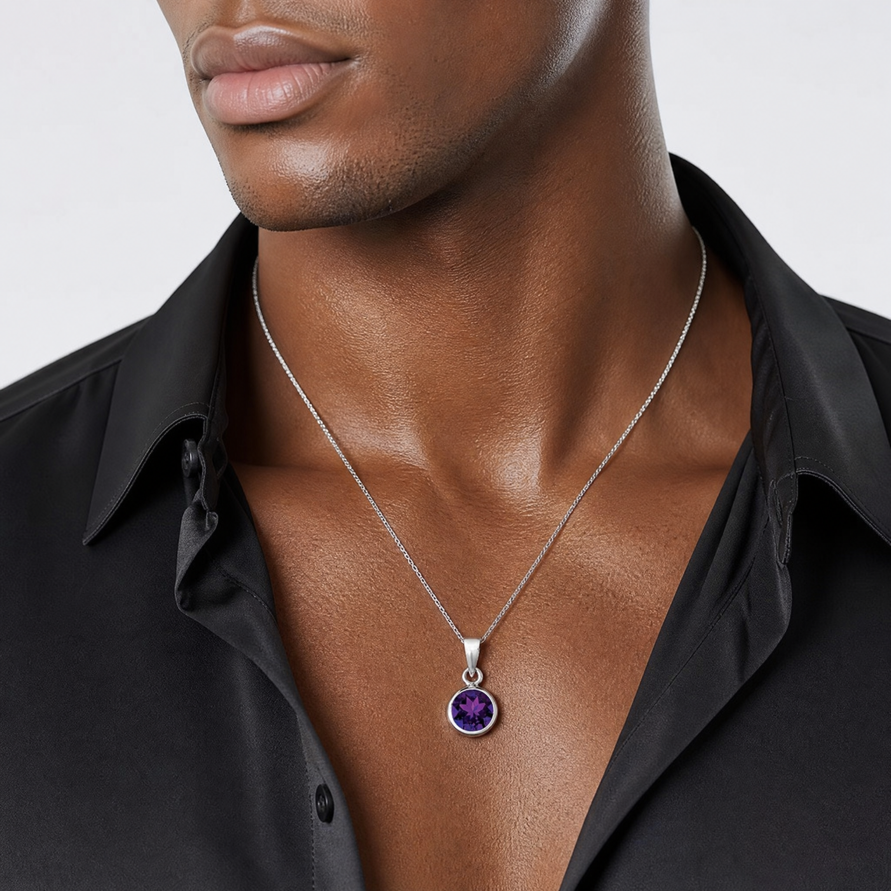 Sterling Silver Rhodium-plated Polished Amethyst Round Pendant - Model Shot