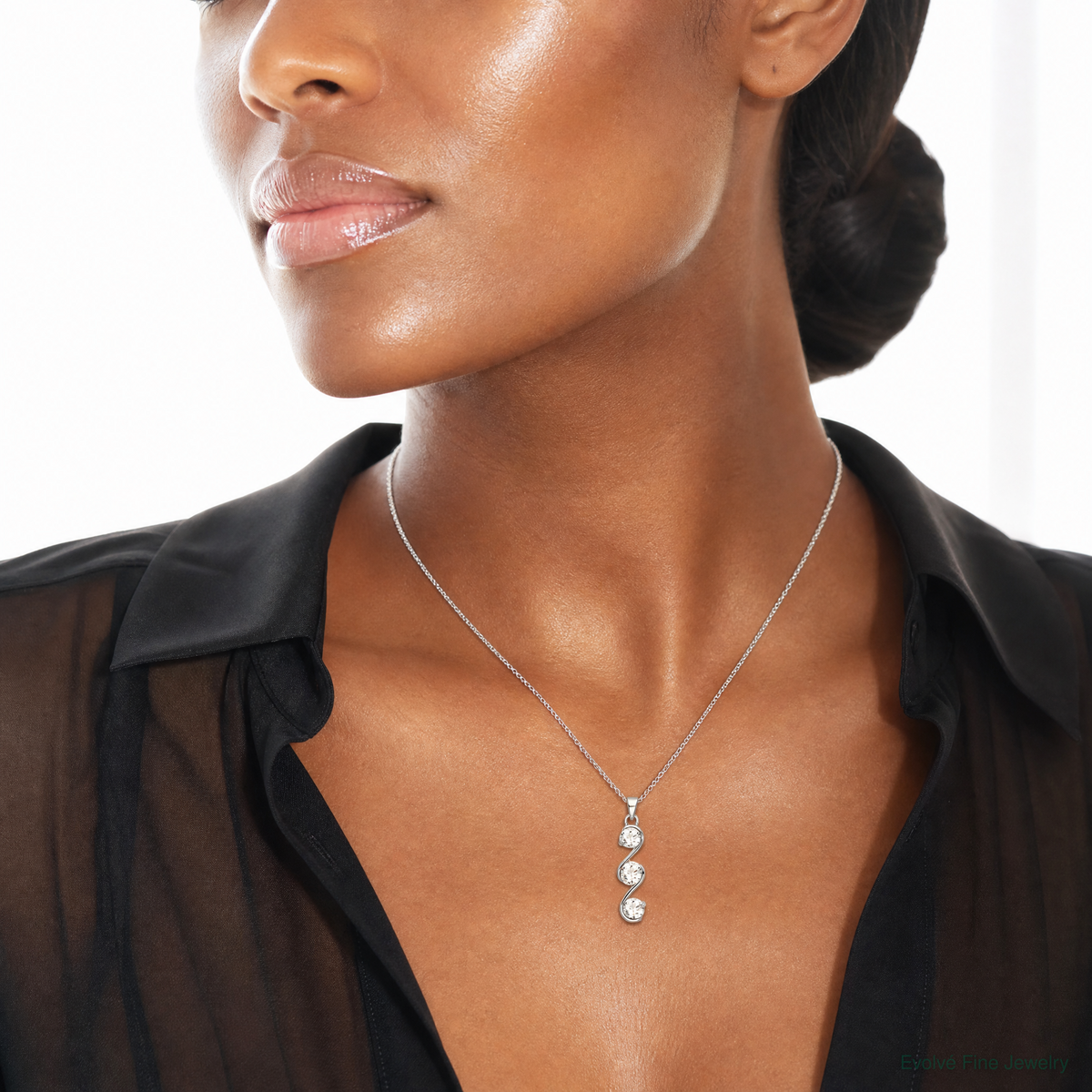 Sterling Silver Rhodium-plated Swirl 3-stone CZ Pendant - Model Shot