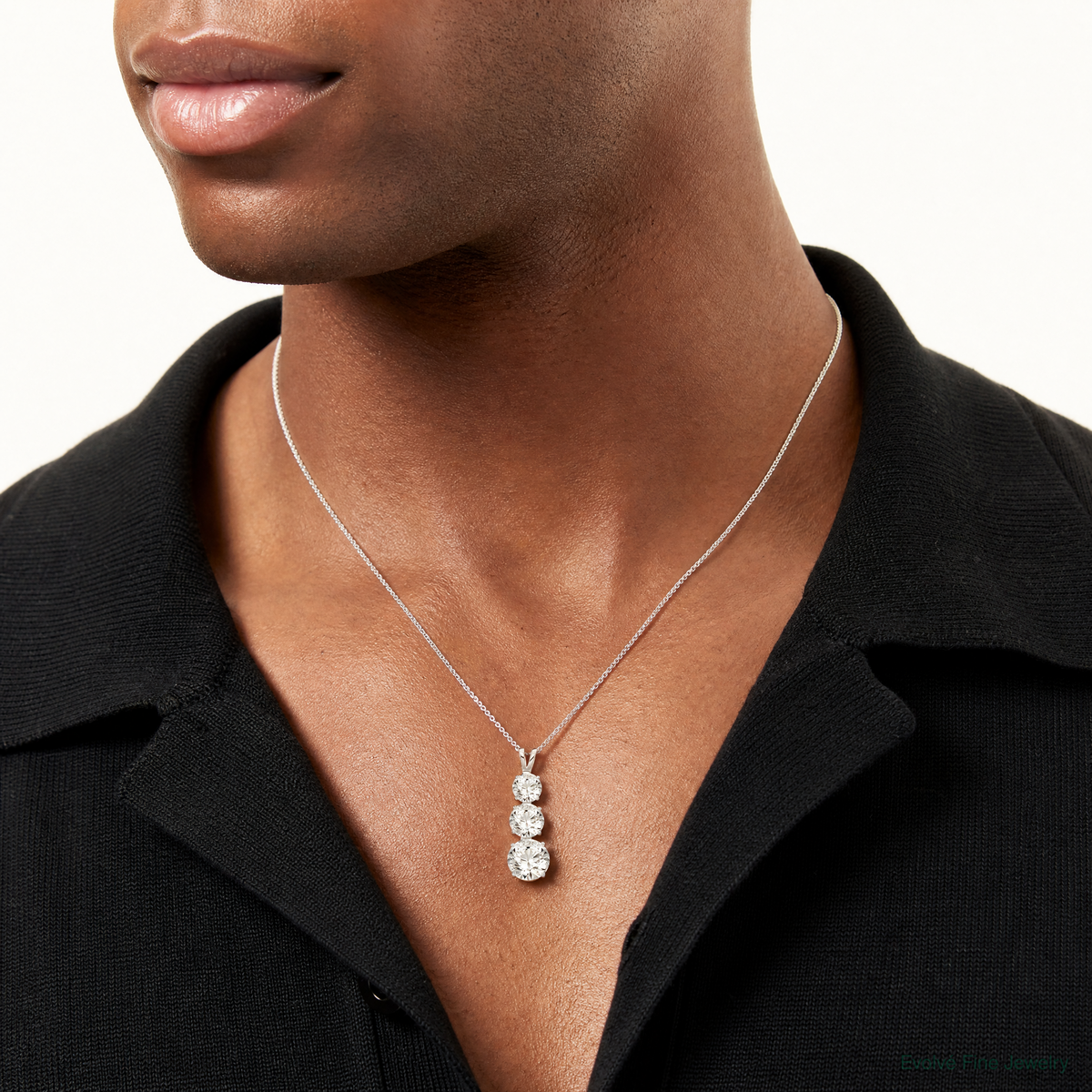Sterling Silver Rhodium-plated Polished CZ Round Shaped 3 Stone Pendant - Model Shot