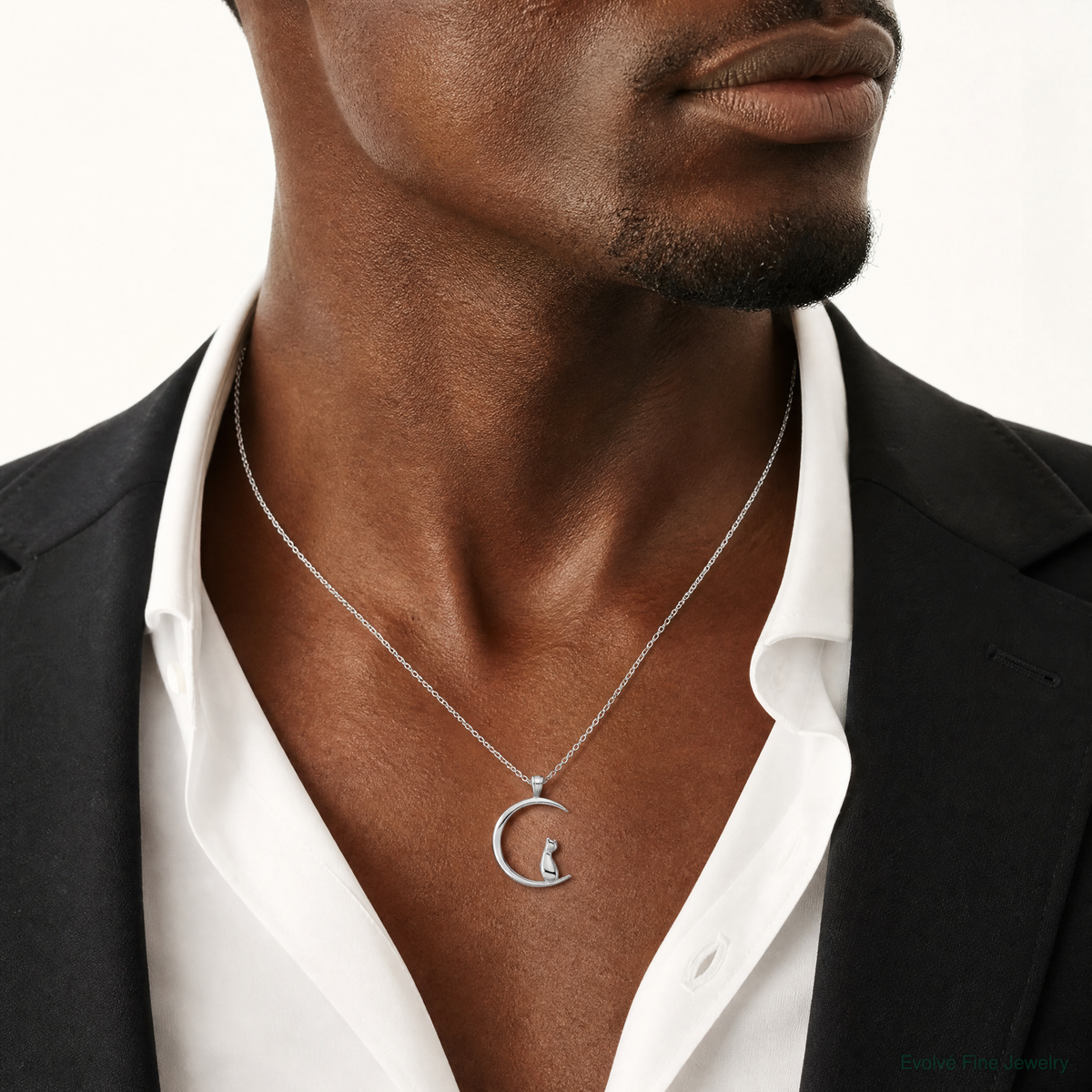 Sterling Silver Rhodium-plated Cat On Moon Pendant - Model Shot