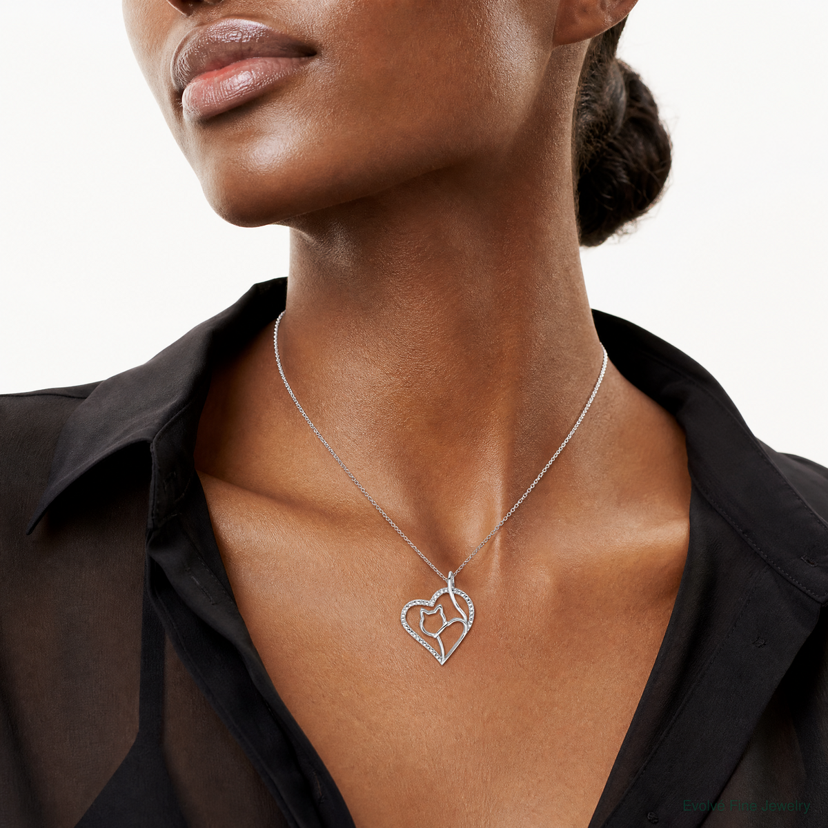Sterling Silver Rhodium-plated CZ Heart with Cat Silhouette Pendant - Model Shot