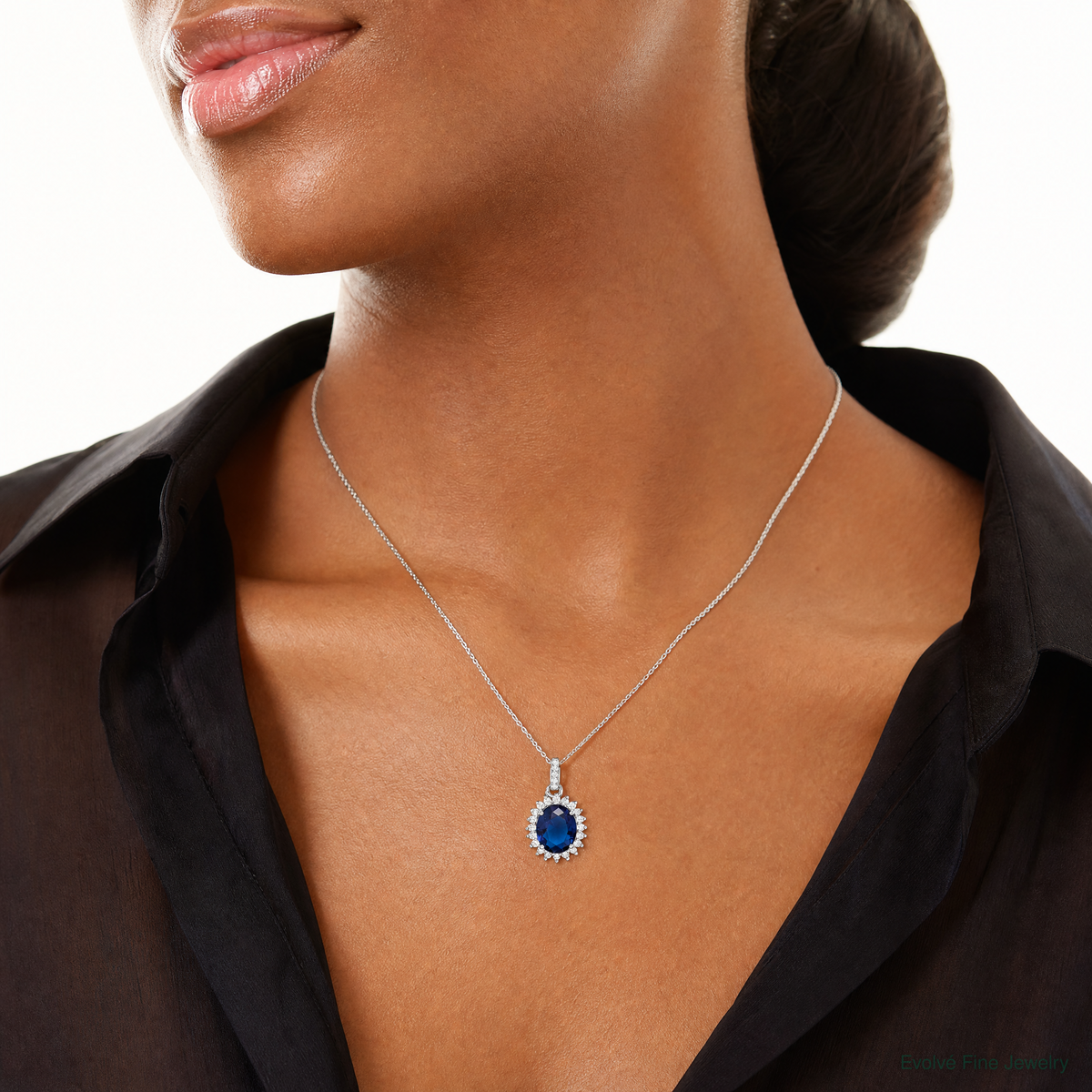 Sterling Silver Rhodium-plated Blue and Clear CZ Pendant - Model Shot