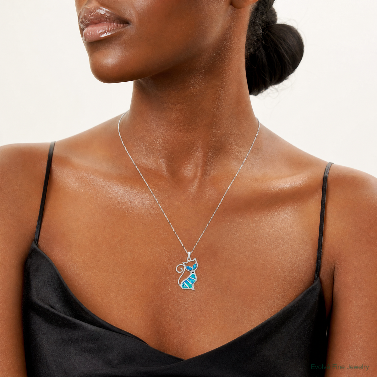 Sterling Silver Rhodium-plated Created Opal Cat Pendant - Model Shot