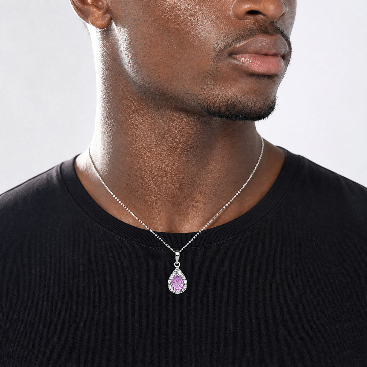 Sterling Silver Rhodium-Plated Purple and Clear CZ Pendant - Model Shot