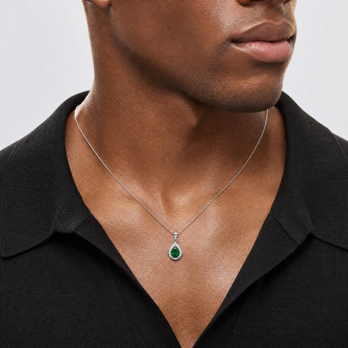 Sterling Silver Rhodium Plated Green and Clear CZ Pendant - Model Shot