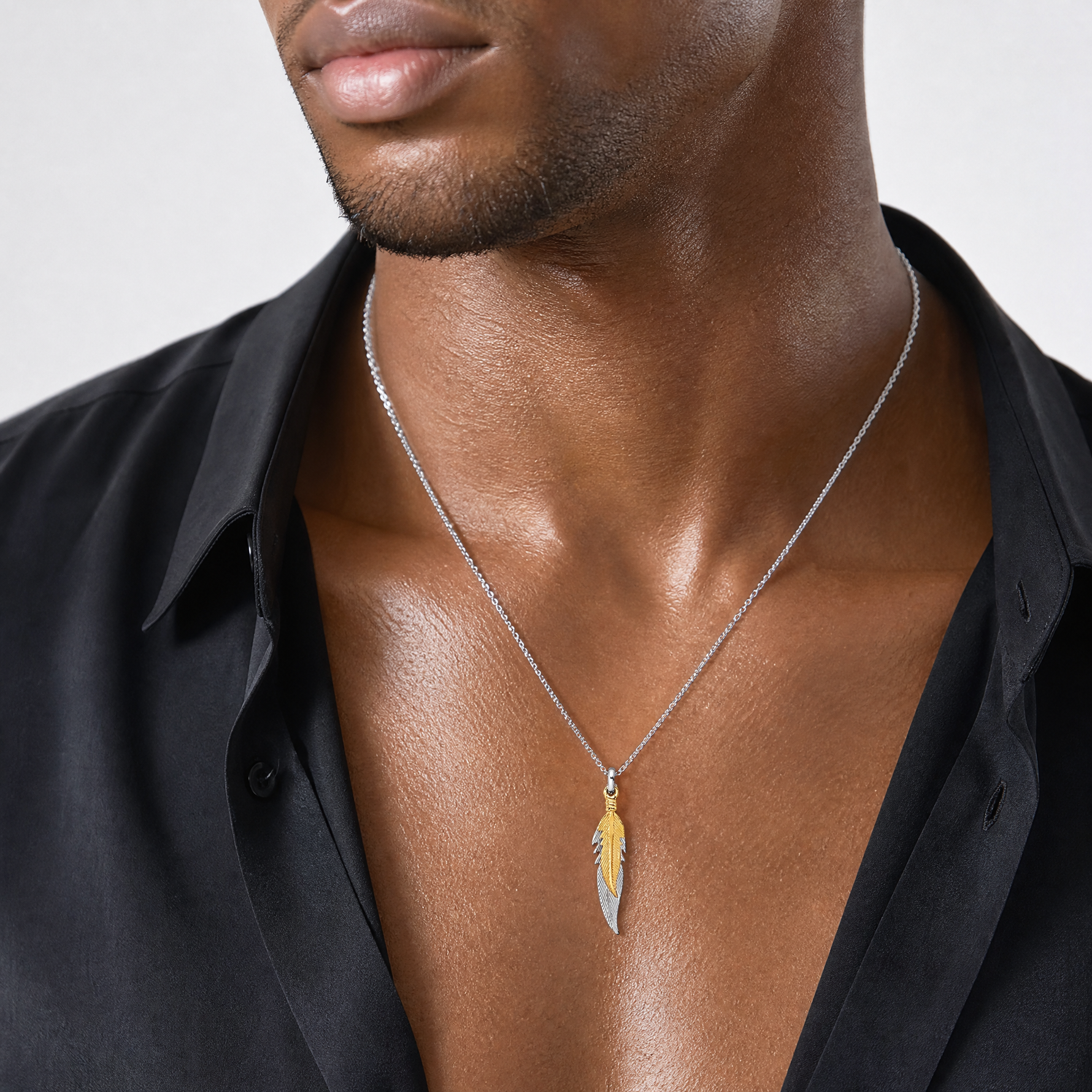 Sterling Silver Rhodium-plated Polished Gold-tone Double Feather Pendant - Model Shot