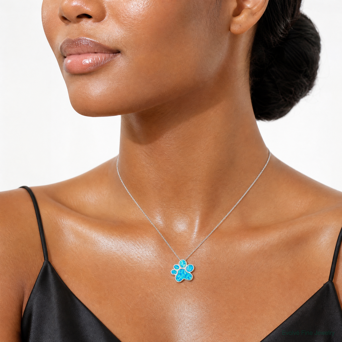 Sterling Silver Rhodium-plated Created Opal Inlay Paw Print Chain Slide - Model Shot