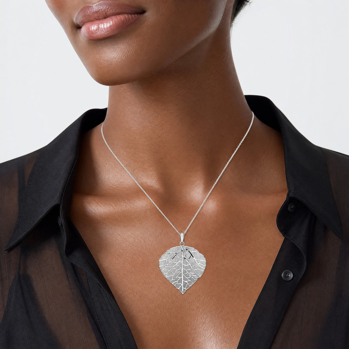 Sterling Silver Rhodium-plated Polished & D/C Lrg Leaf Pendant - Model Shot