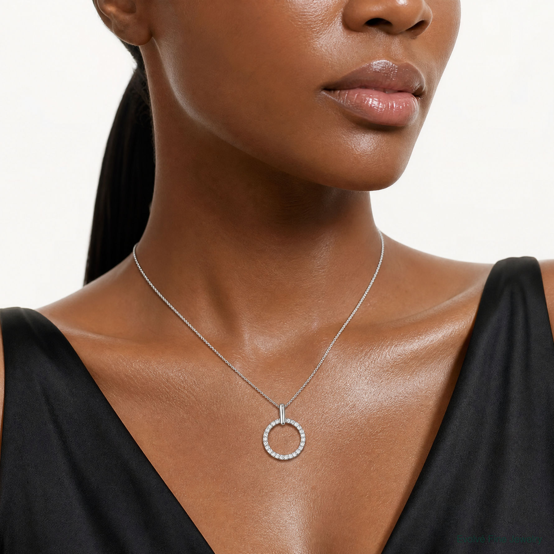 Sterling Silver Polished CZ Circle Pendant - Model Shot