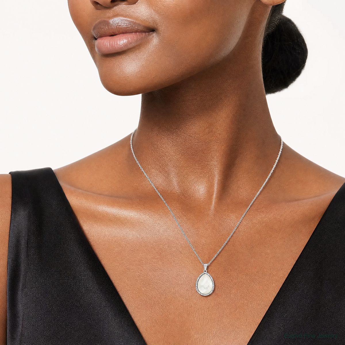 Sterling Silver Rhodium-plated Glass Teardrop Pendant - Model Shot