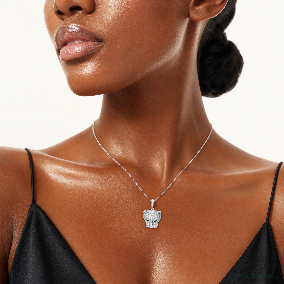Sterling Silver Rhodium-plated Green & White CZ Panther Pendant - Model Shot