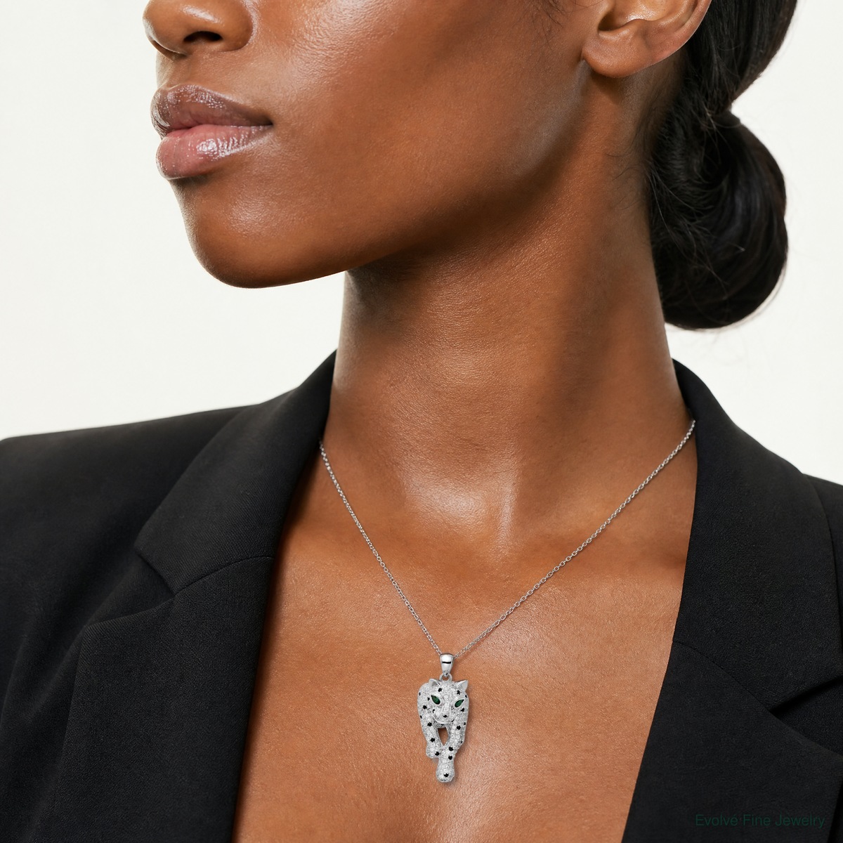 Sterling Silver Blk/White Rhodium-plated Polished CZ Cheetah Pendant - Model Shot